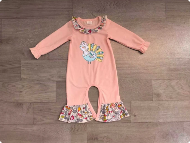 Embroidery Flowers Turkey Baby Girls Thanksgivings Ruffle Pant Rompers Preorder