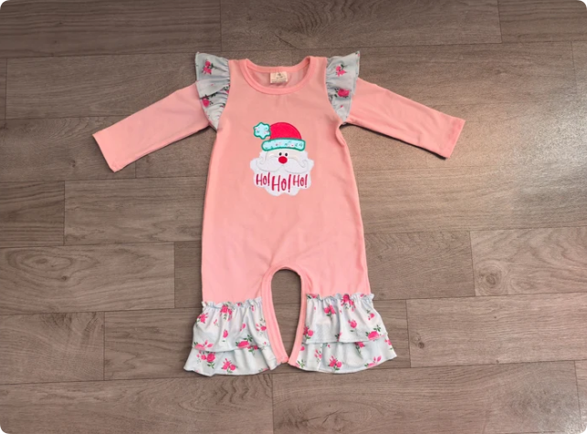 Embroidery Flowers Santa Baby Girls Christmas Ruffle Pant Rompers Preorder