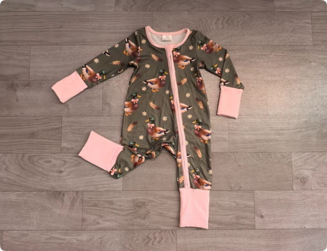 Baby Girls Flowers Ducks Two Way Zip Convertible Hunting Rompers Preorder