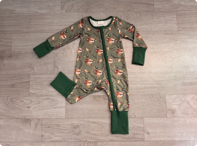 Baby Boys Green Ducks Calls Hunting Two Way Zip Convertible Romper Preorder
