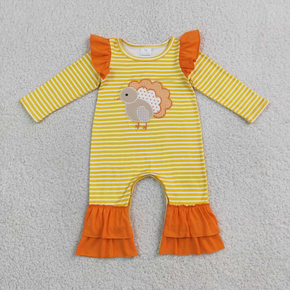LR3144 Yellow stripe Thanksgiving turkey embroidery  Long-Sleeved fall season romper