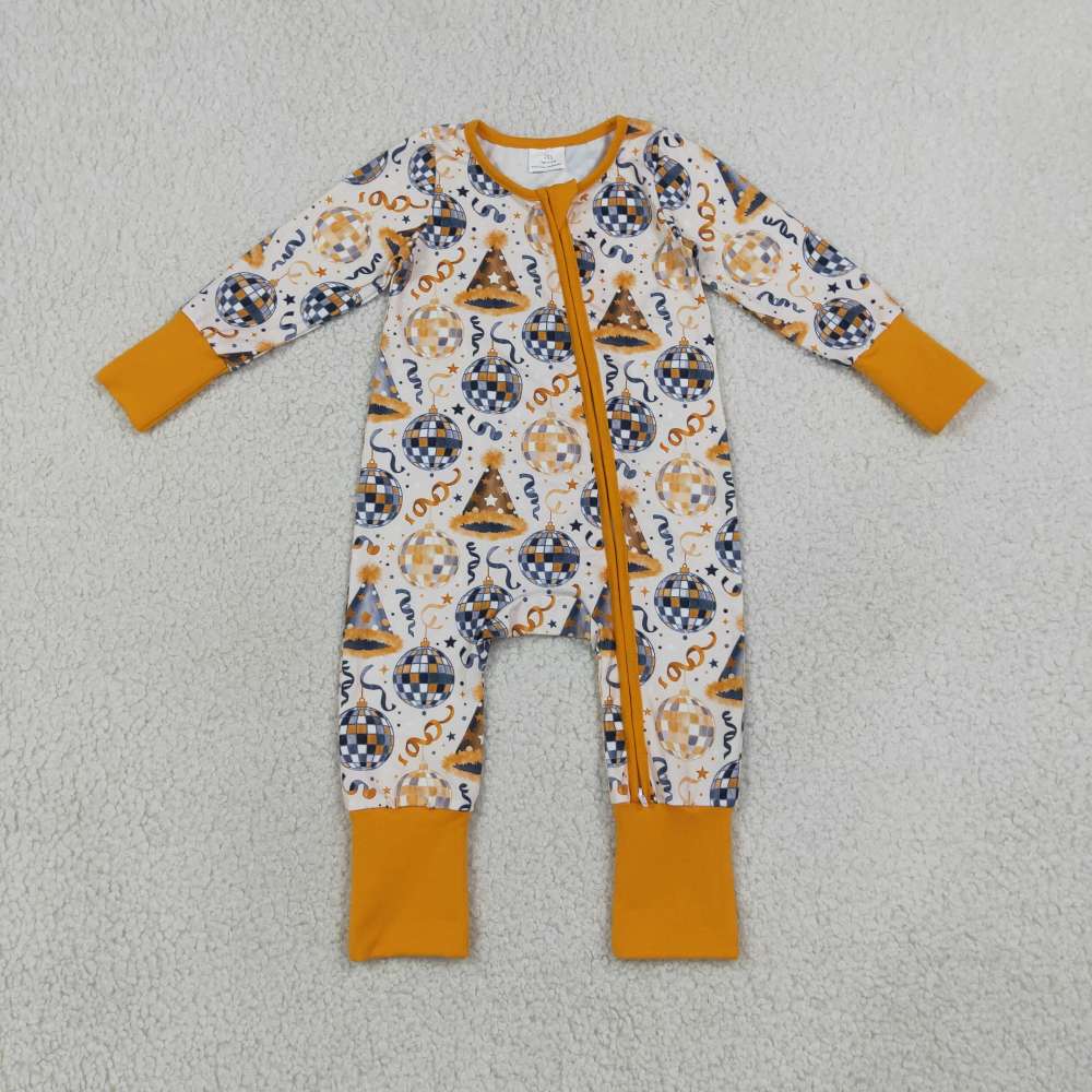 LR3212 Happy new year light ball print  Long-Sleeved zipper romper
