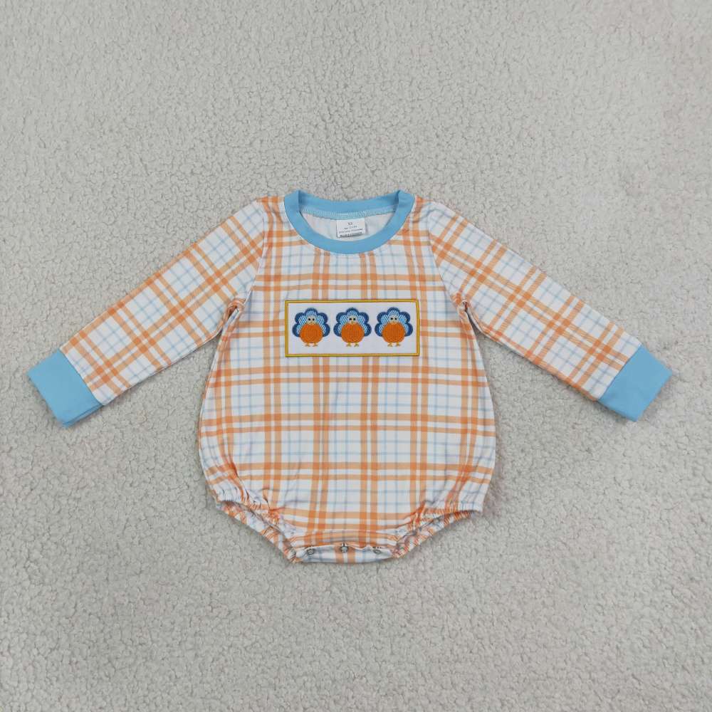 LR3138 Orange blue plaid turkey embroidery Long-Sleeved bubble