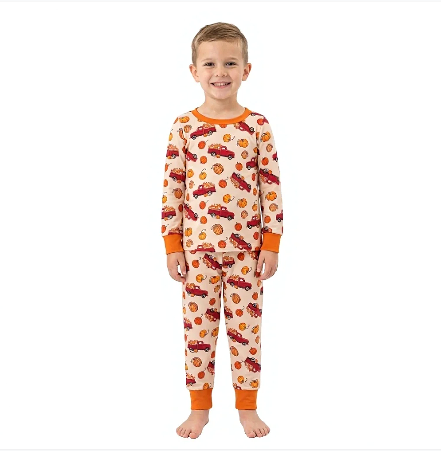 BLP1541 RTS boys orange pumpkin TRUCK print long sleeve boy pajamas set