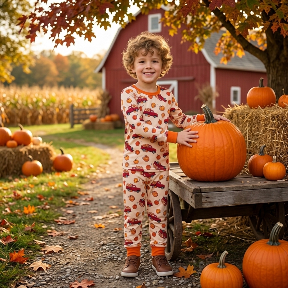 BLP1541 RTS boys orange pumpkin TRUCK print long sleeve boy pajamas set