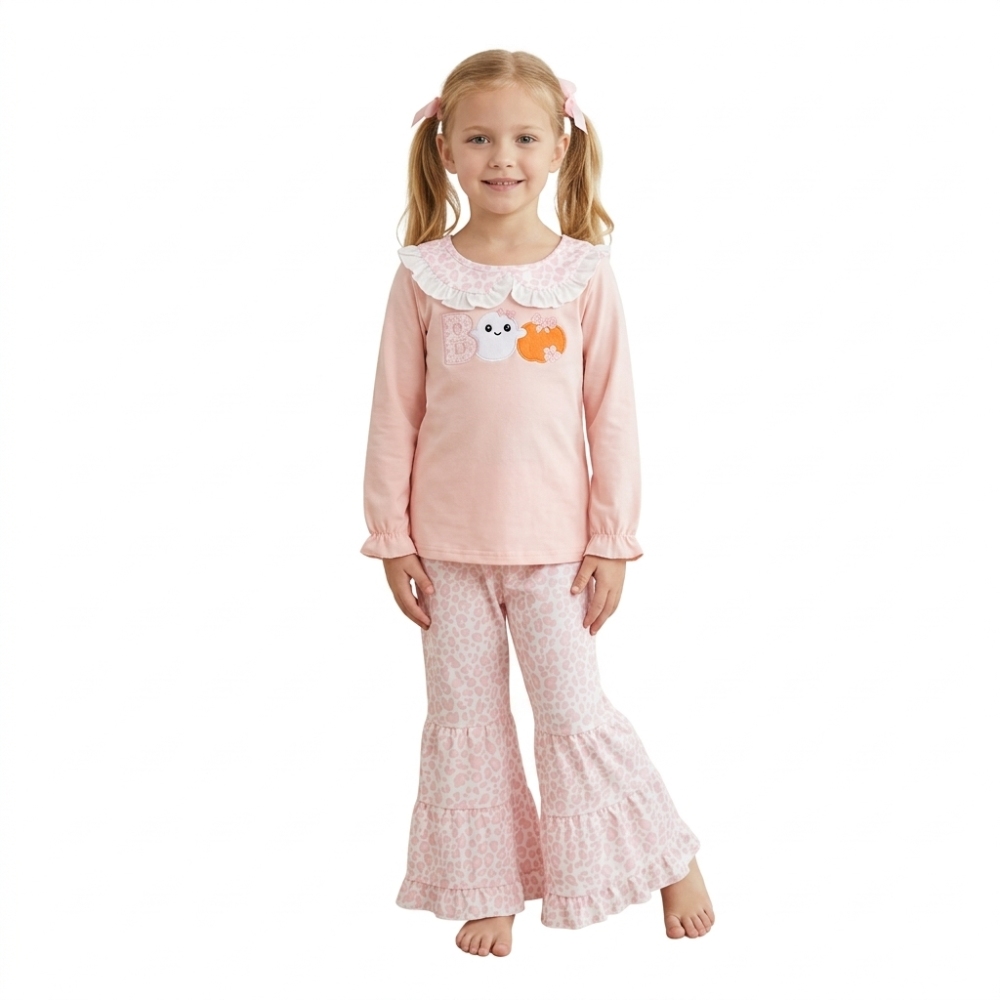 GLP3630 Pink orange BOO Spooky pumpkin embroidery long sleeve girl outfits