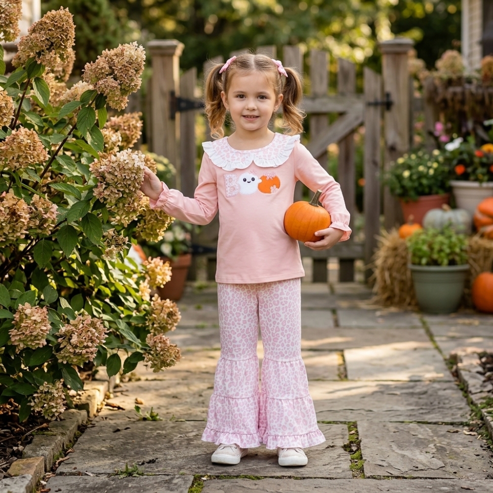 GLP3630 Pink orange BOO Spooky pumpkin embroidery long sleeve girl outfits