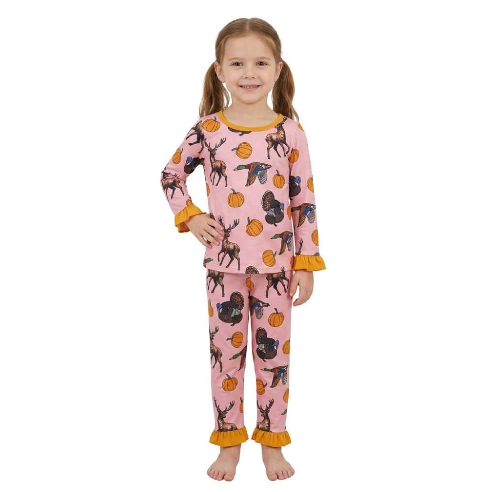 GLP3655 Pink orange pumpkin duck deer  Print long sleeve hunting season girl pajamas