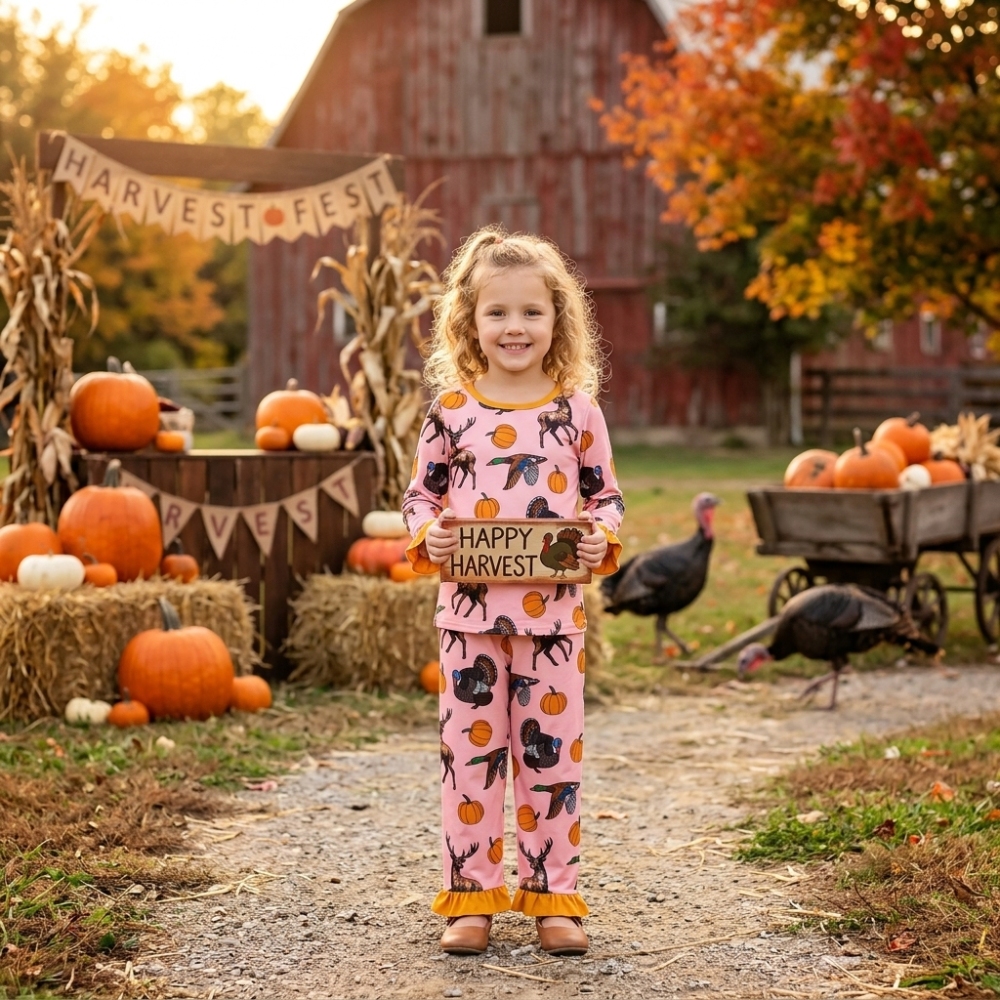 GLP3655 Pink orange pumpkin duck deer  Print long sleeve hunting season girl pajamas