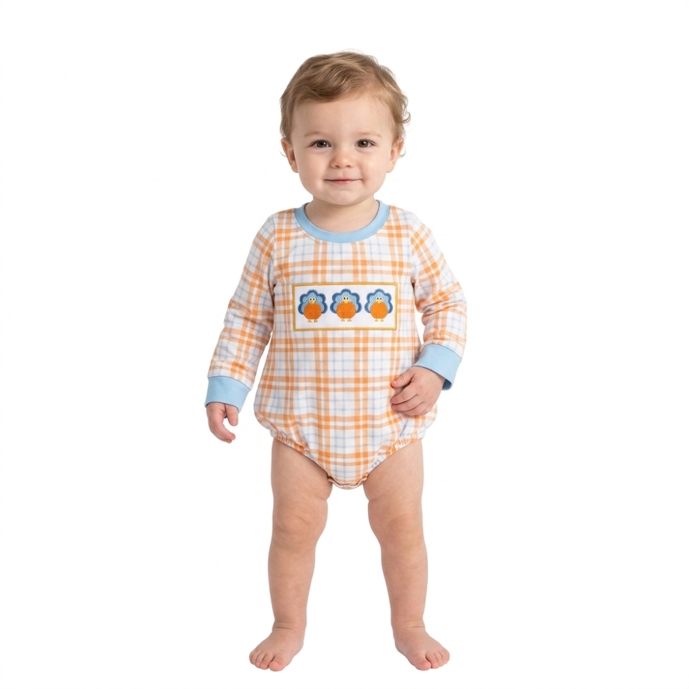 LR3138 Orange blue plaid turkey embroidery Long-Sleeved bubble