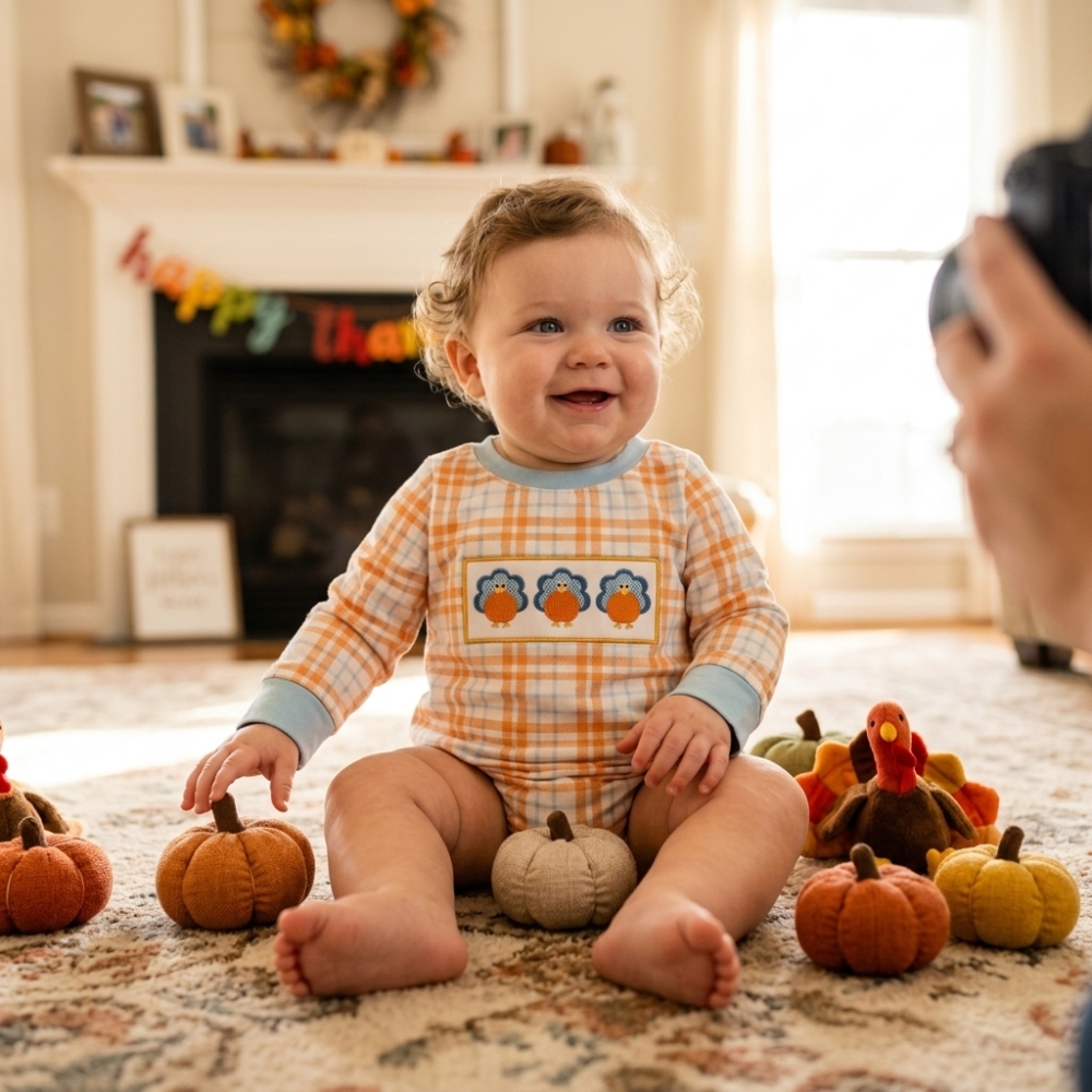 LR3138 Orange blue plaid turkey embroidery Long-Sleeved bubble