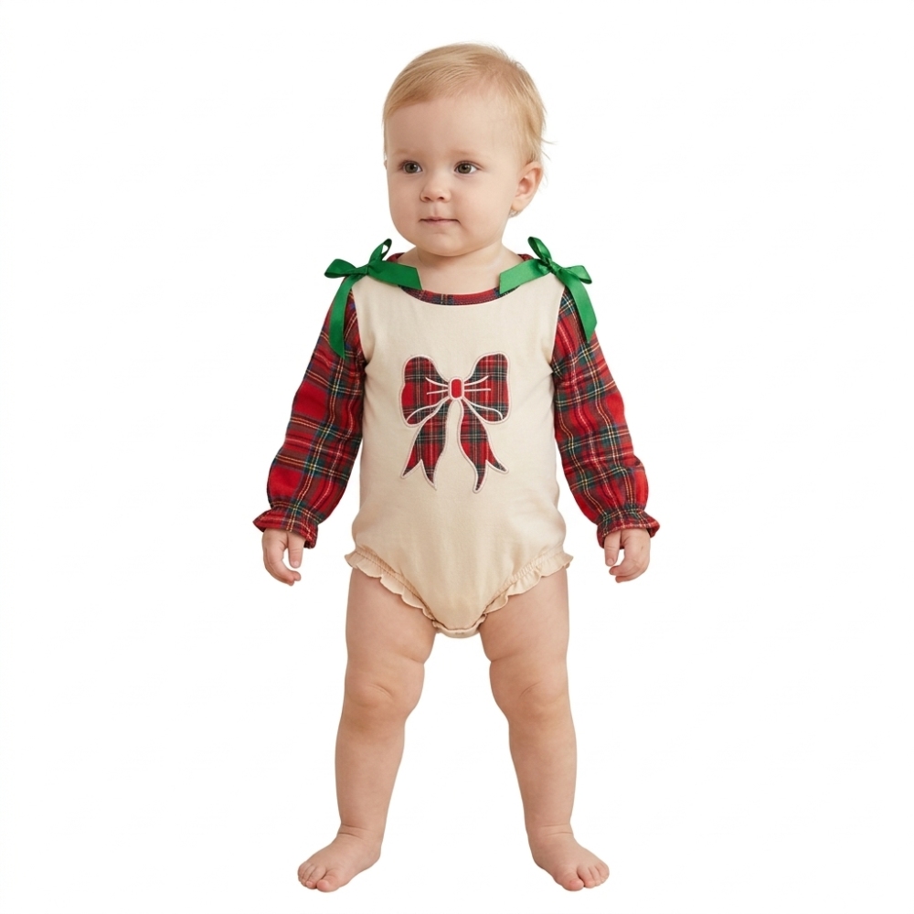 LR3163 Red Green plaid Christmas bows embroidery Long-Sleeved bubble
