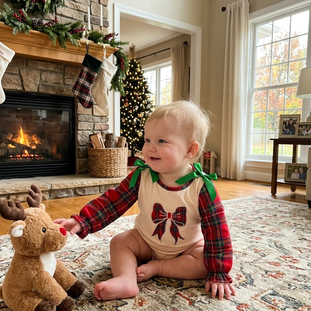 LR3163 Red Green plaid Christmas bows embroidery Long-Sleeved bubble
