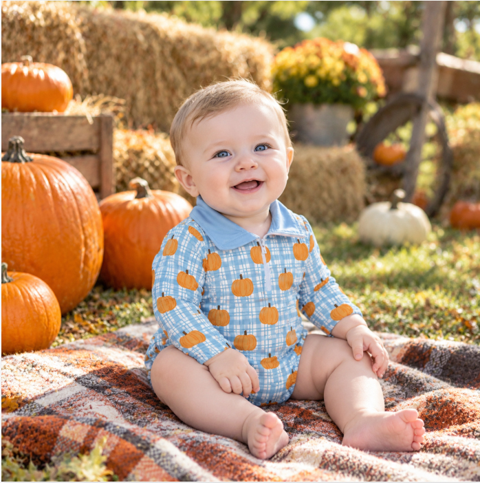 LR3201 Blue Plaid pumpkin print  Long-Sleeved fall season bubble