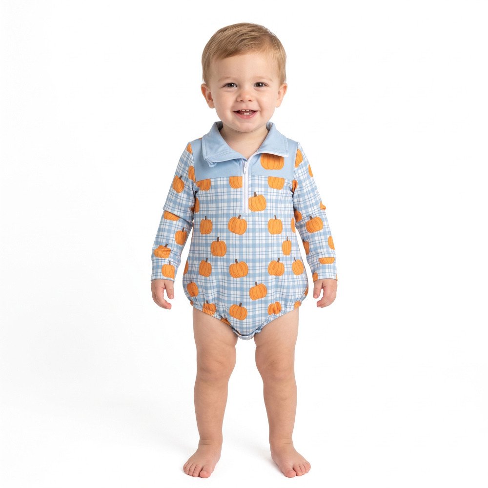 LR3201 Blue Plaid pumpkin print  Long-Sleeved fall season bubble