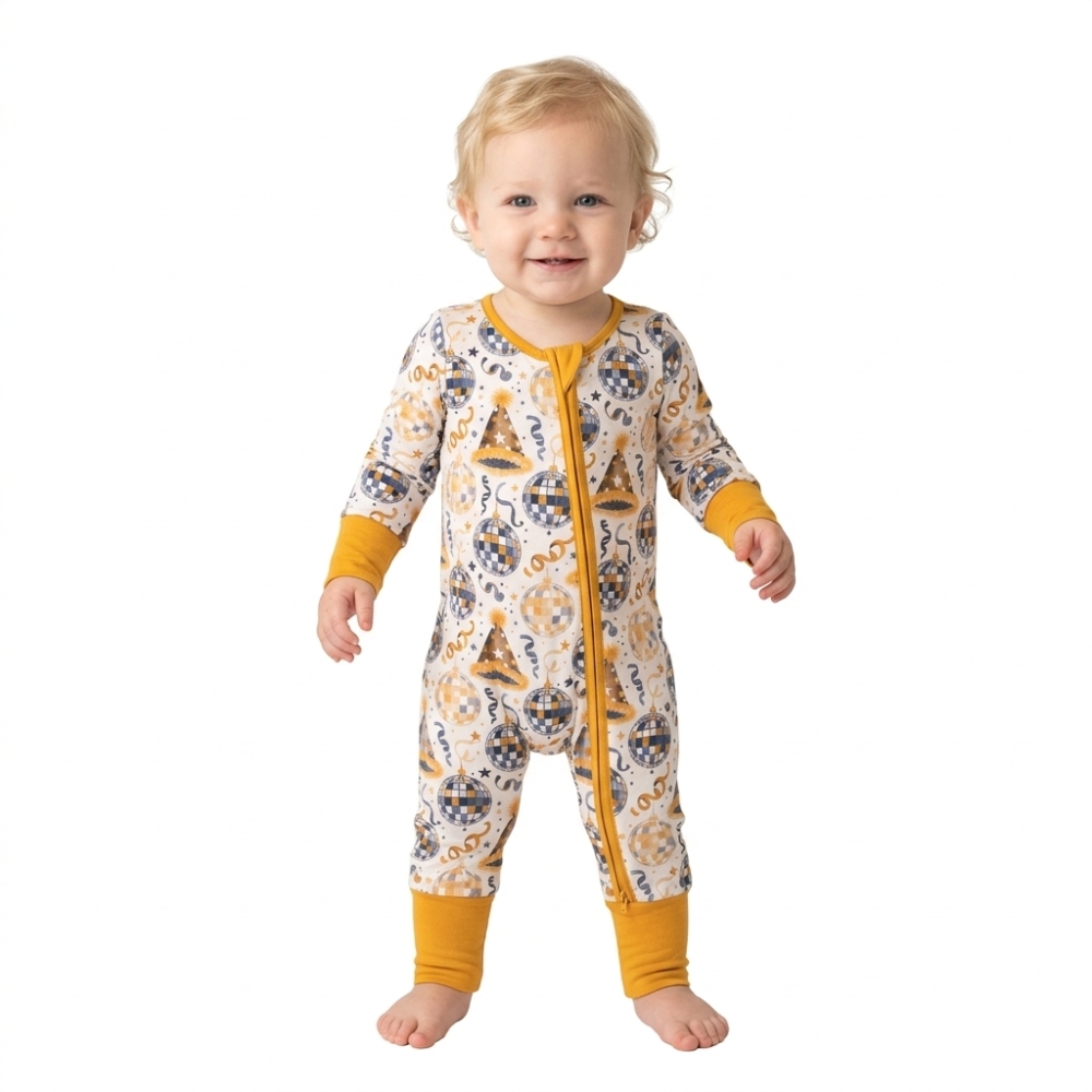 LR3212 Happy new year light ball print  Long-Sleeved zipper romper