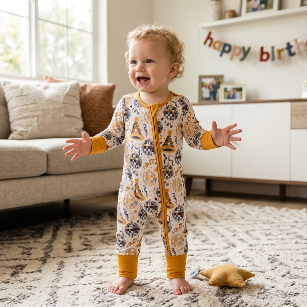 LR3212 Happy new year light ball print  Long-Sleeved zipper romper