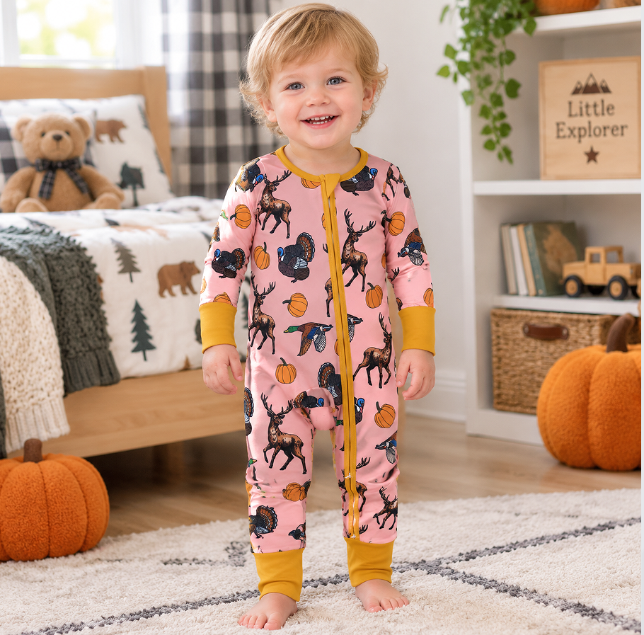 LR3252 Hunting duck pumpkin deer  print  Long-Sleeved romper