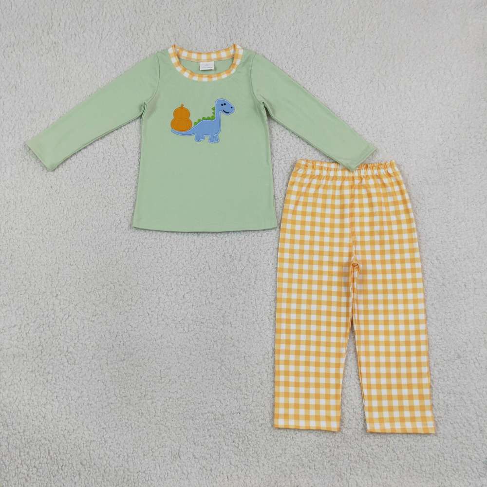 BLP1498  RTS Green dinosaur pumpkin embroidery long sleeve boy outfits
