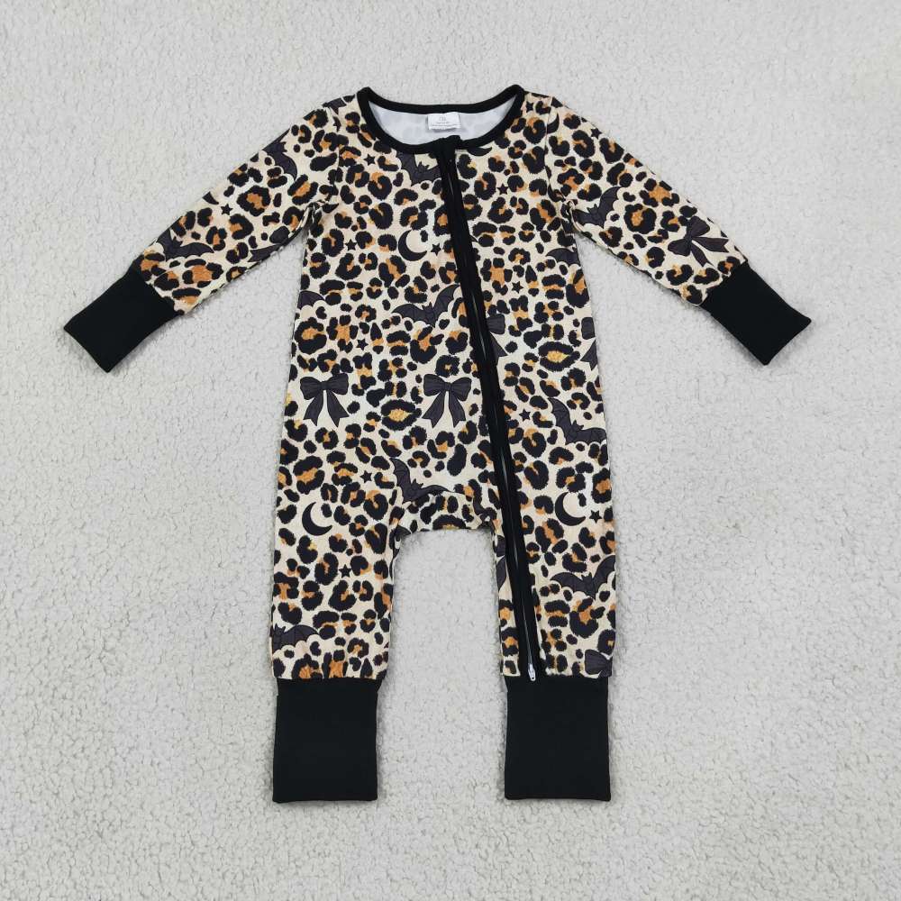 LR3242 Black leopard halloween bat print Long-Sleeved zipper fall  season romper