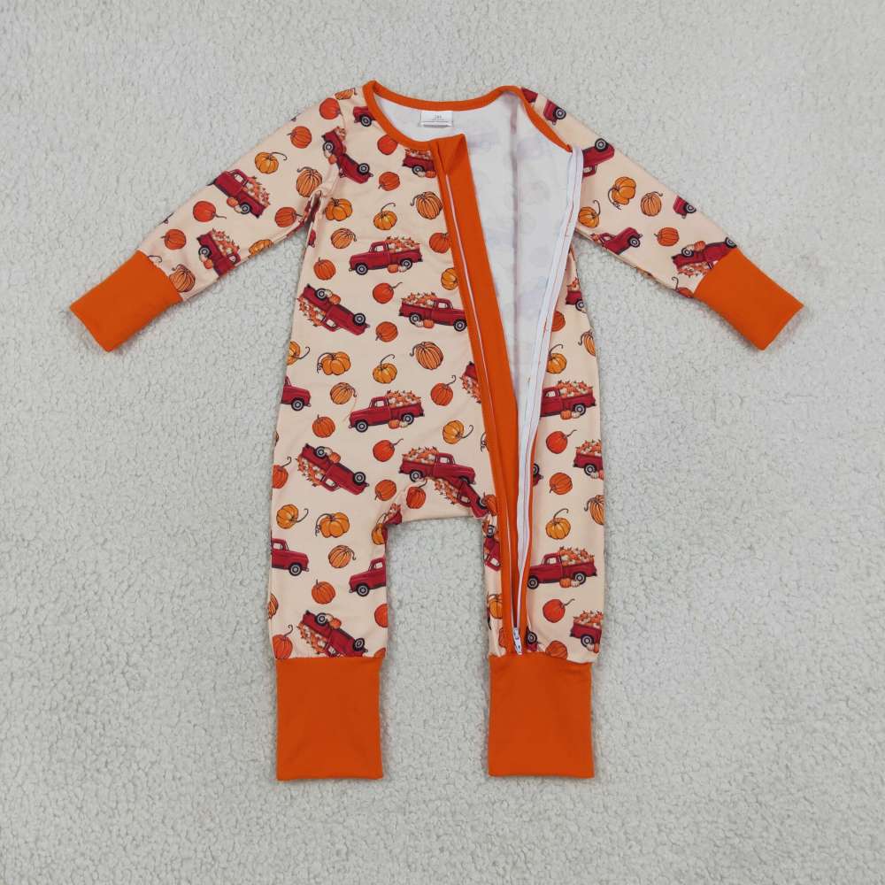 LR3234 Red truck pumpkin print Long-Sleeved zipper fall  season romper
