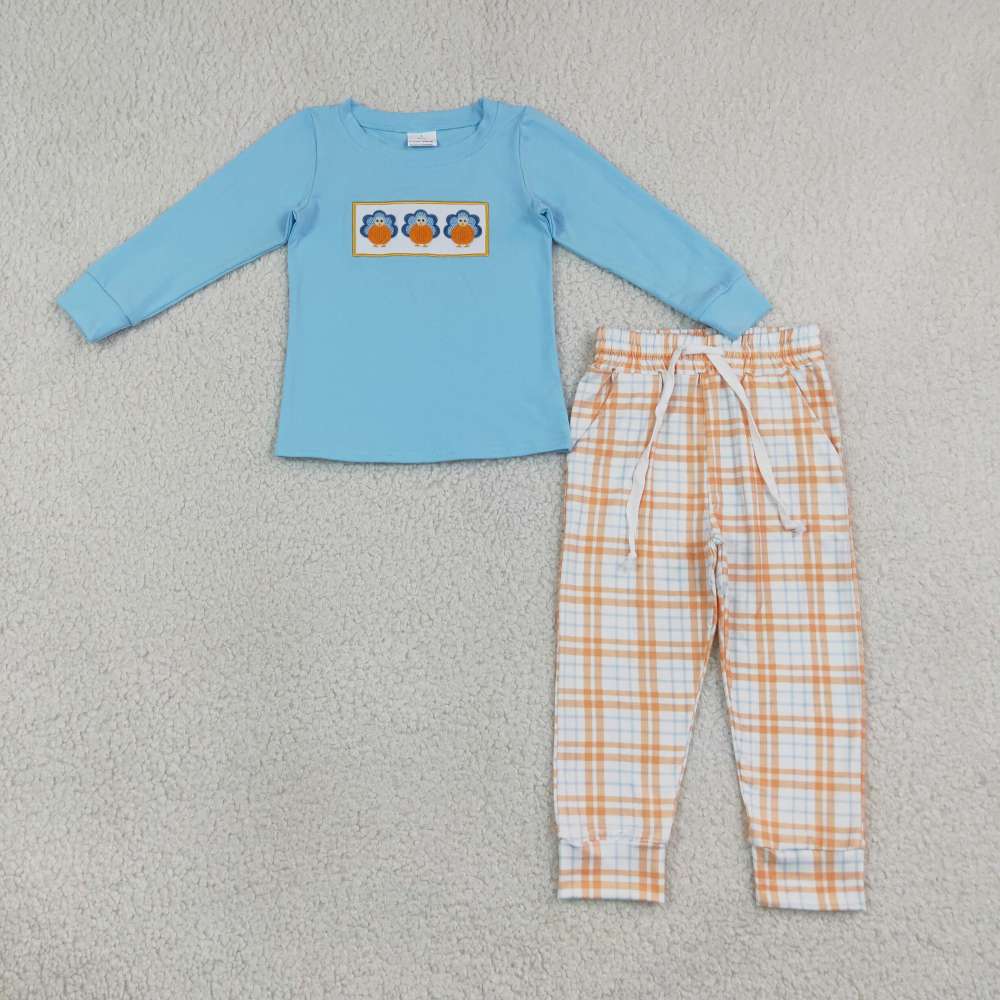 BLP1498  RTS Blue thanksgiving day turkey  embroidery long sleeve boy outfits