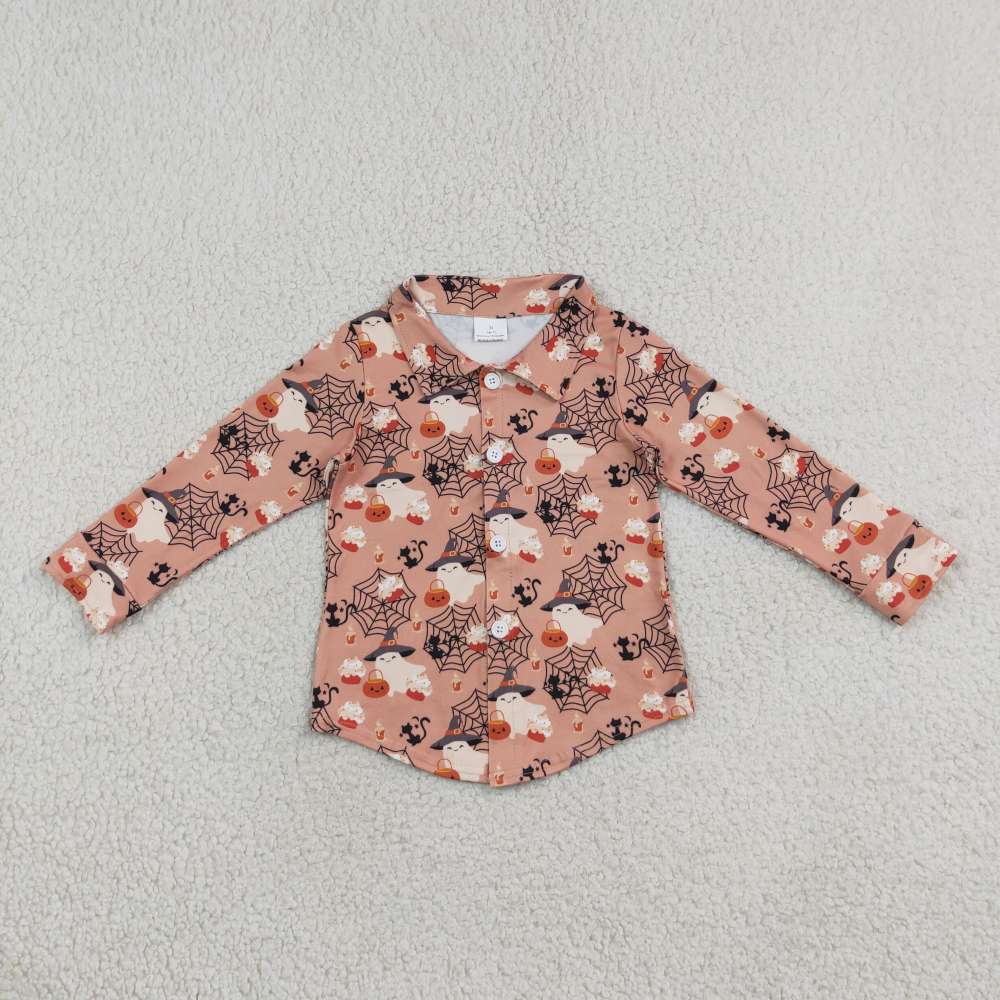 BT1902 RTS Orange halloween bat spooky  pumpkin print long sleeve boy t-shirt