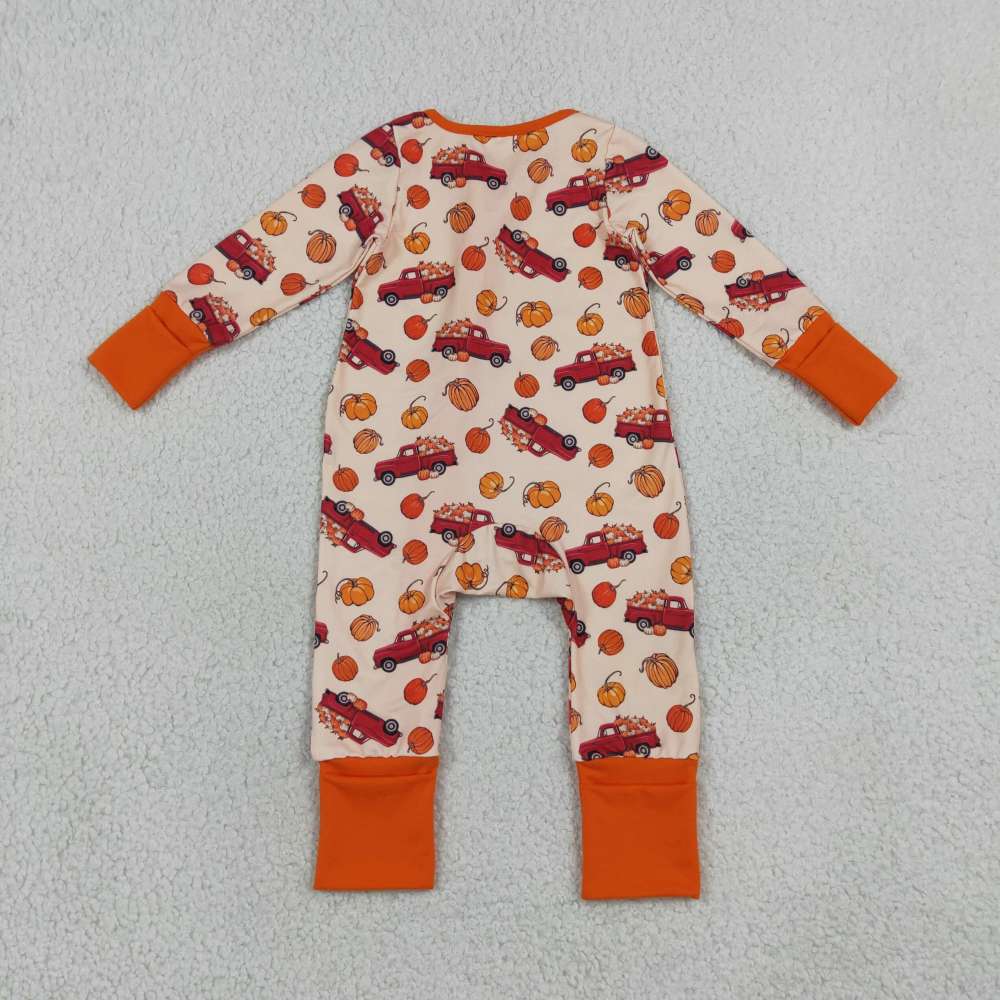 LR3234 Red truck pumpkin print Long-Sleeved zipper fall  season romper