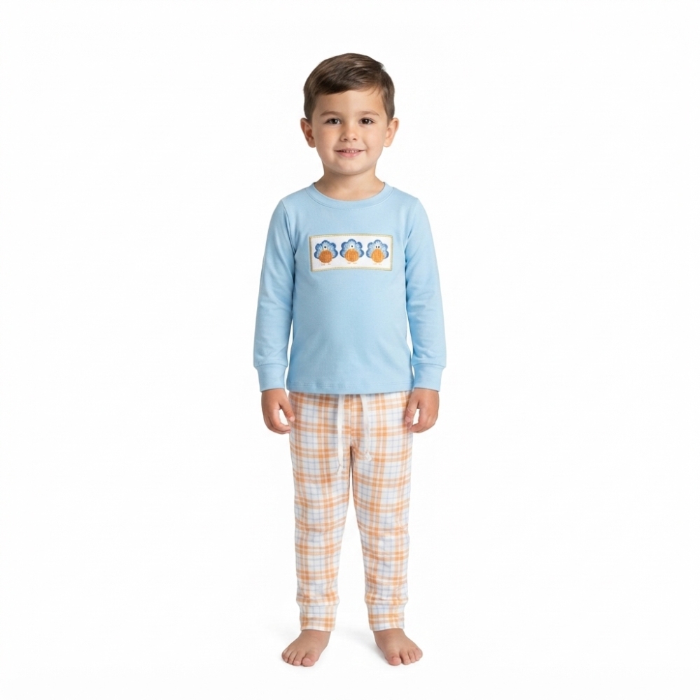 BLP1498  RTS Blue thanksgiving day turkey  embroidery long sleeve boy outfits