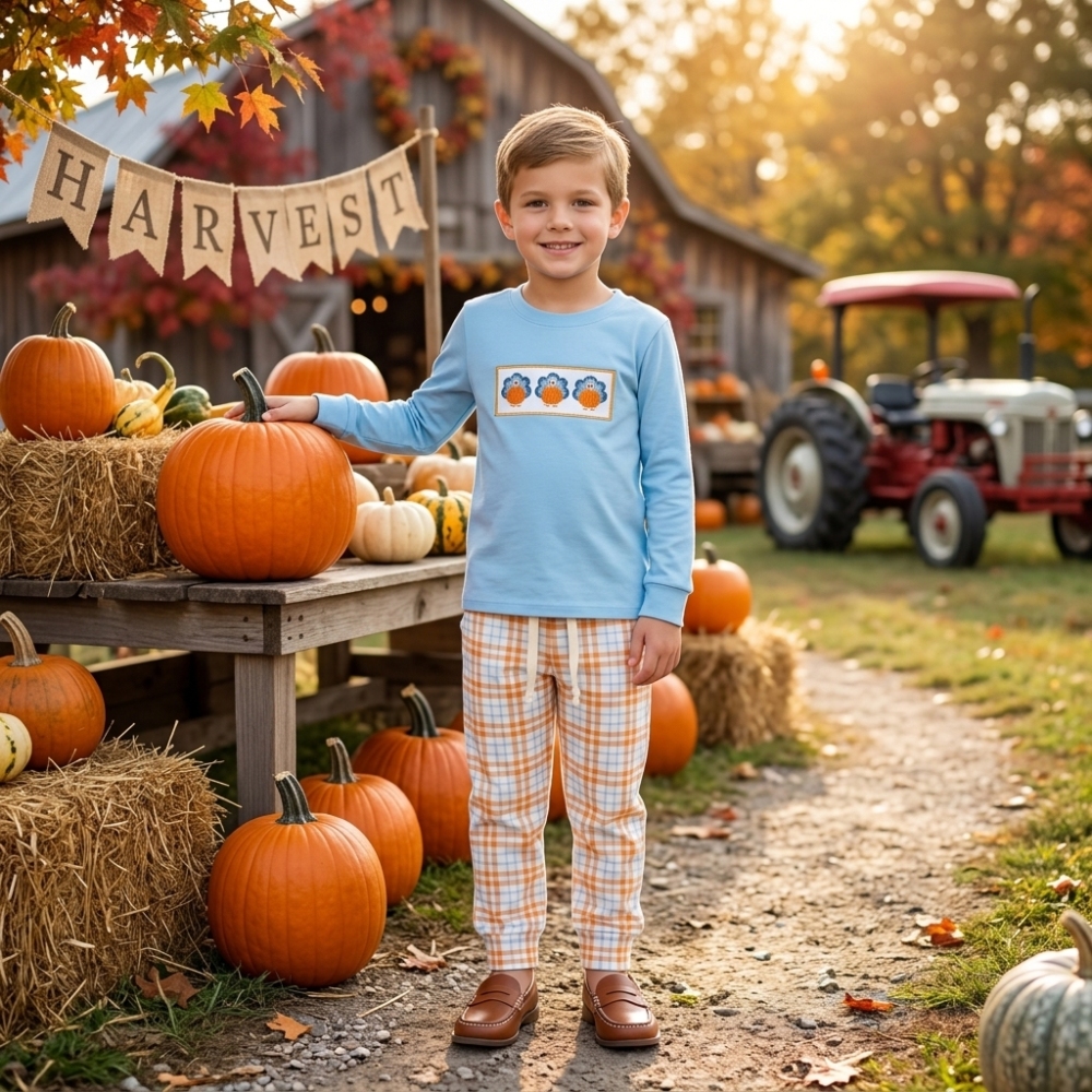 BLP1498  RTS Blue thanksgiving day turkey  embroidery long sleeve boy outfits