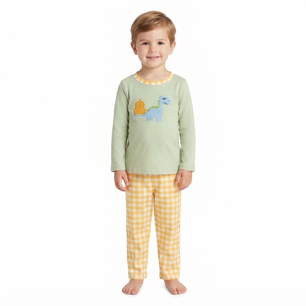 BLP1498  RTS Green dinosaur pumpkin embroidery long sleeve boy outfits