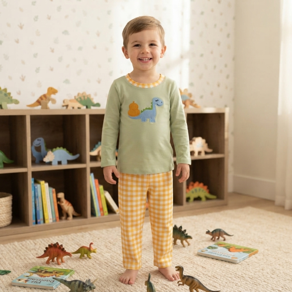 BLP1498  RTS Green dinosaur pumpkin embroidery long sleeve boy outfits