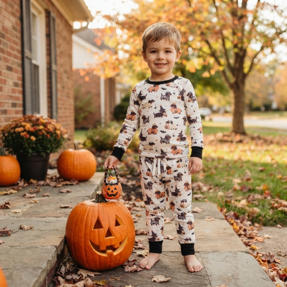 BLP1548 RTS boys Halloween pumpkin bat  print long sleeve boy pajamas set