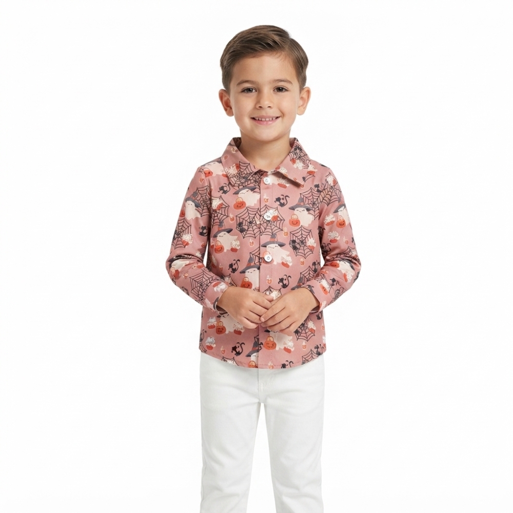 BT1902 RTS Orange halloween bat spooky  pumpkin print long sleeve boy t-shirt