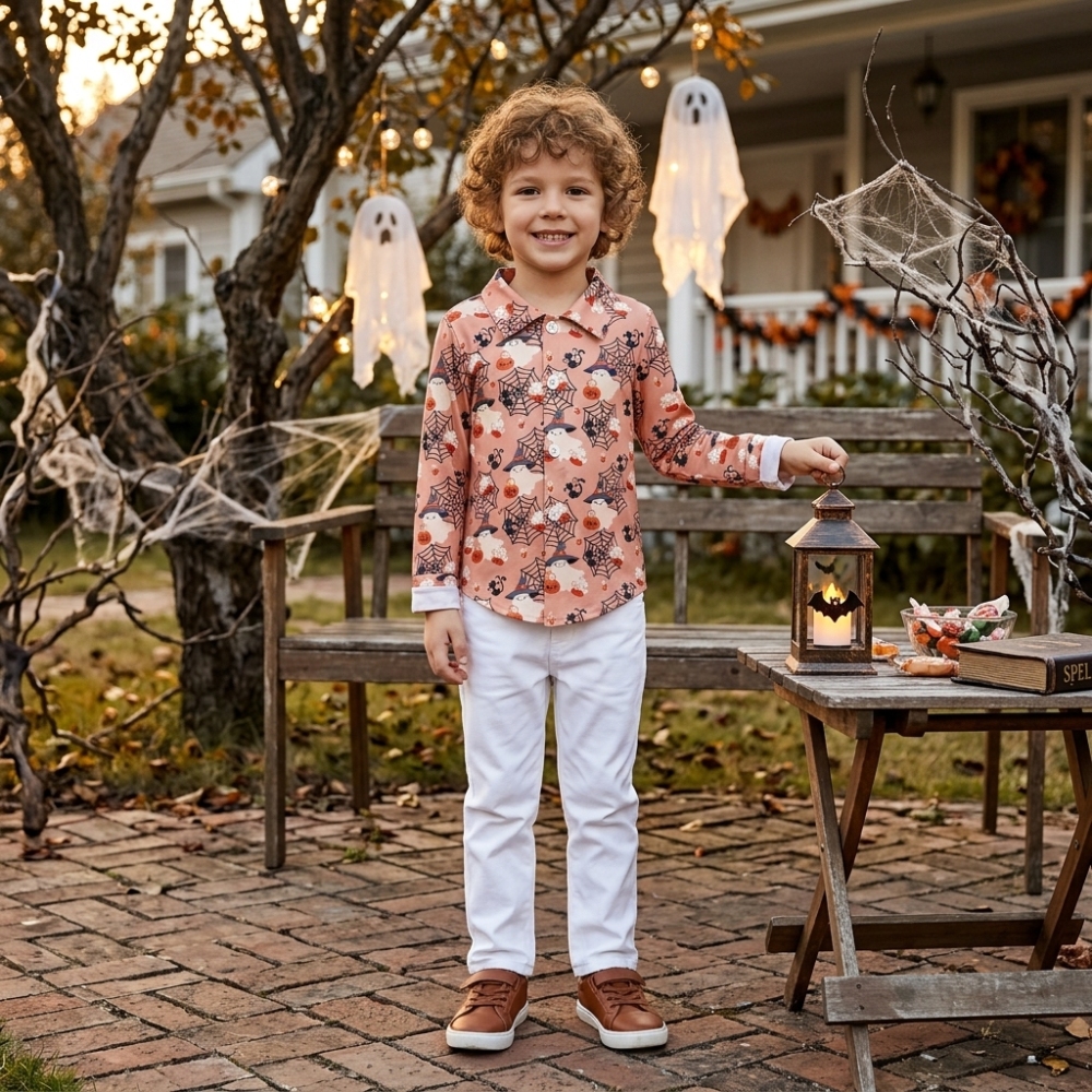 BT1902 RTS Orange halloween bat spooky  pumpkin print long sleeve boy t-shirt