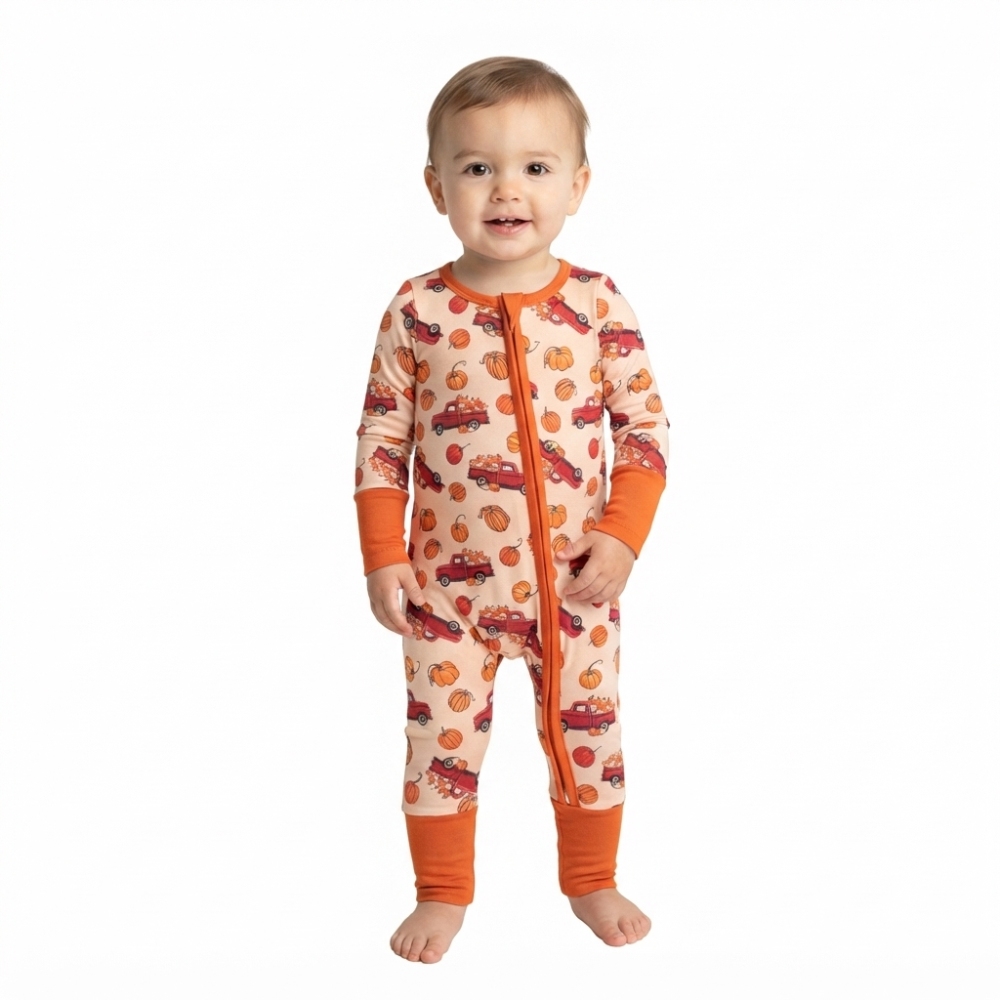 LR3234 Red truck pumpkin print Long-Sleeved zipper fall  season romper
