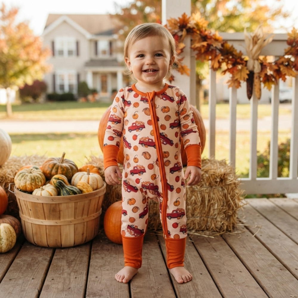 LR3234 Red truck pumpkin print Long-Sleeved zipper fall  season romper