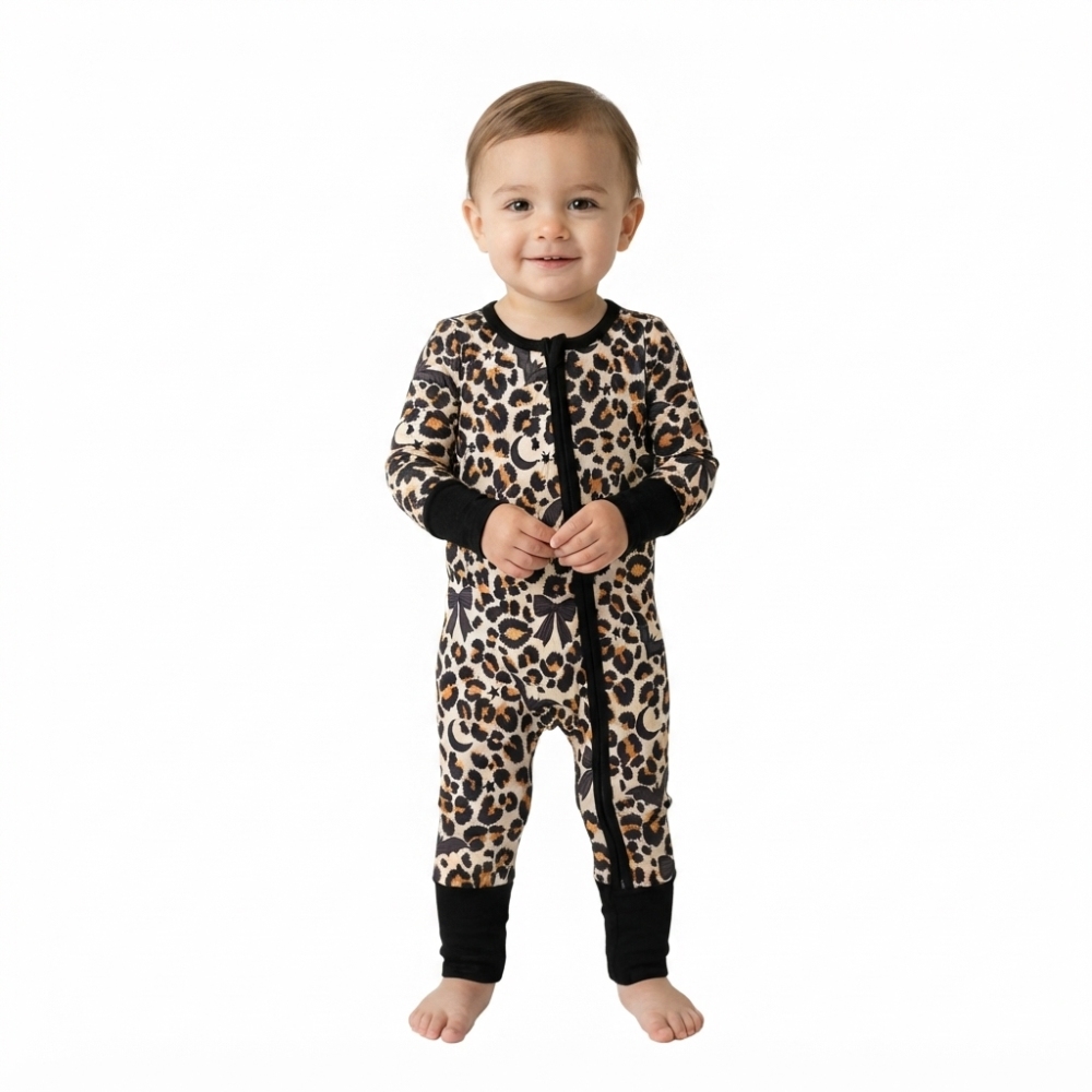 LR3242 Black leopard halloween bat print Long-Sleeved zipper fall  season romper