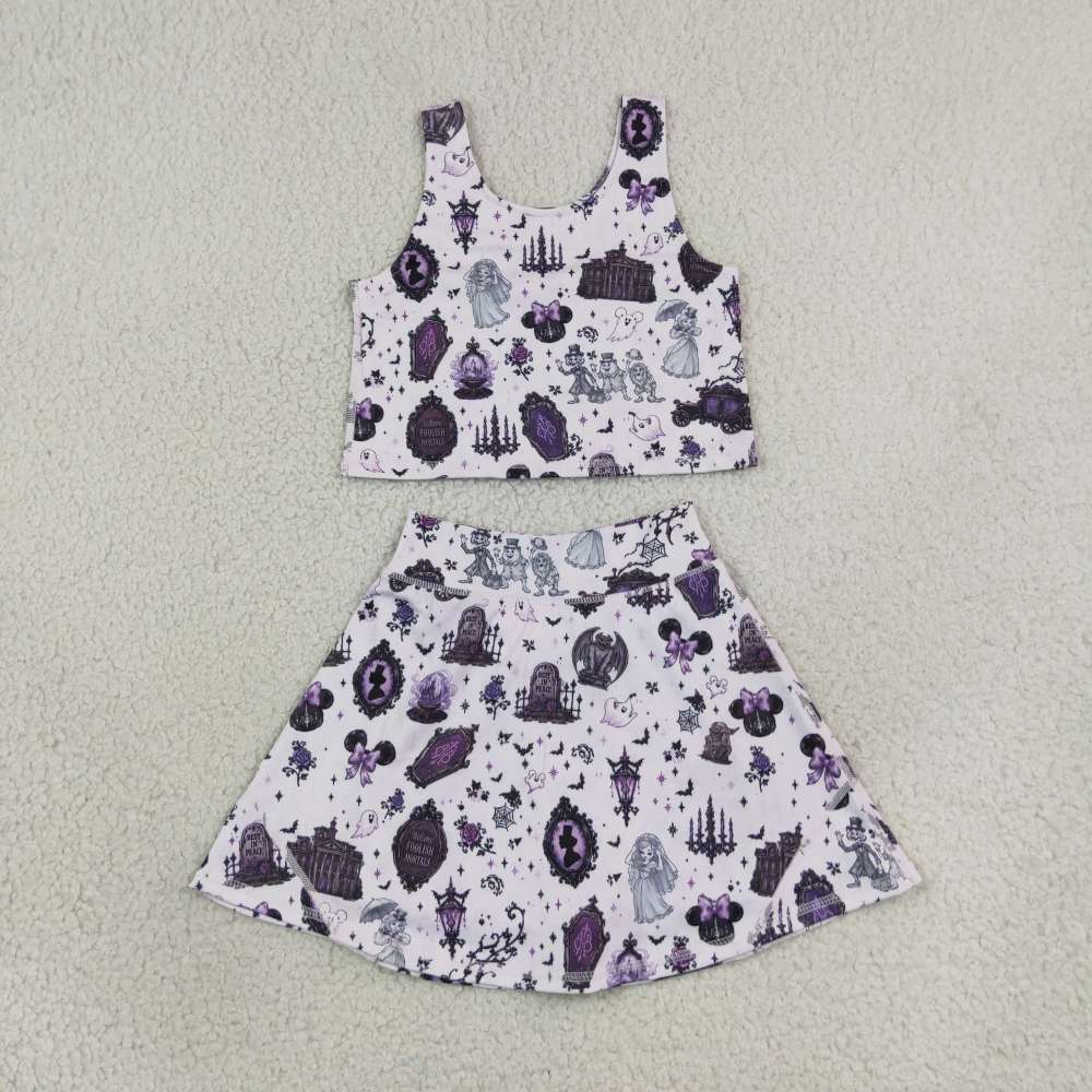 GSD4289 Halloween purple halloween boo spooky castle print active girl yoga skirt dress