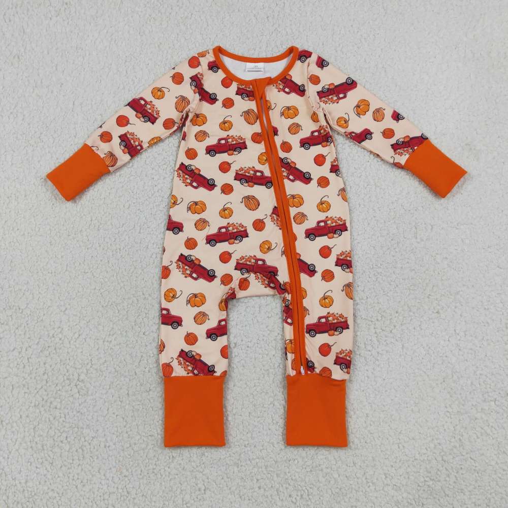 LR3234 Red truck pumpkin print Long-Sleeved zipper fall  season romper