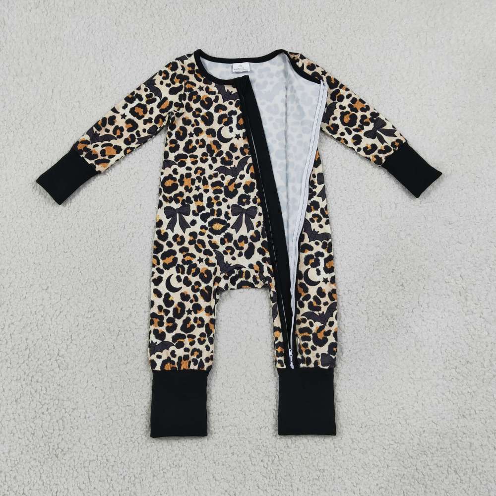 LR3242 Black leopard halloween bat print Long-Sleeved zipper fall  season romper