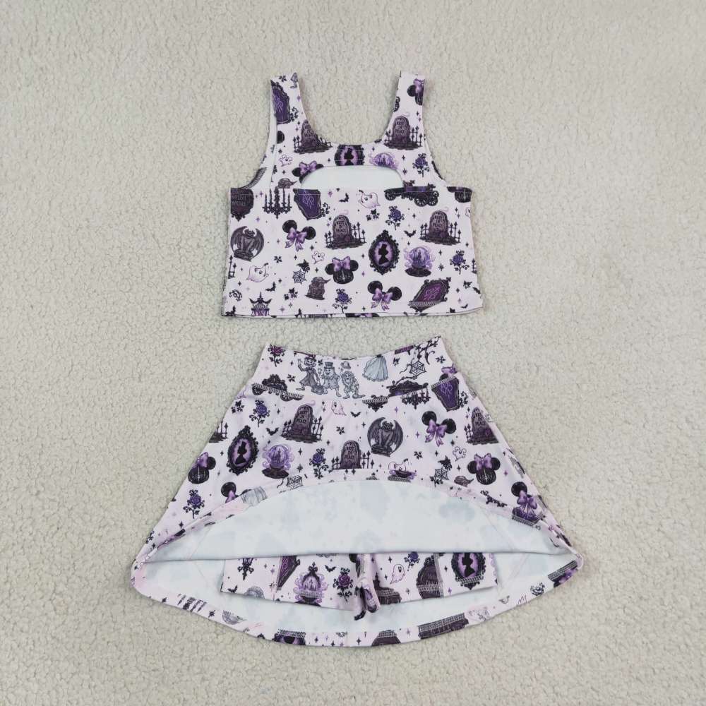GSD4289 Halloween purple halloween boo spooky castle print active girl yoga skirt dress