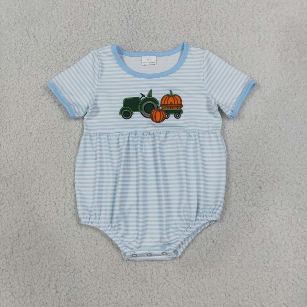 SR4286 Blue stripe tractor pumpkin embroidery short -Sleeved bubble