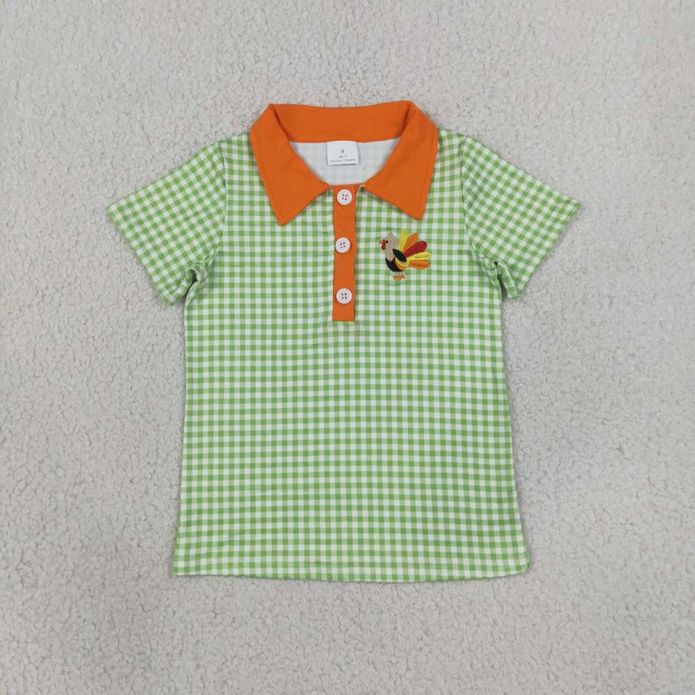BT1889 RTS green plaid turkey embroidery  short sleeve thanksgiving day boy t-shirt