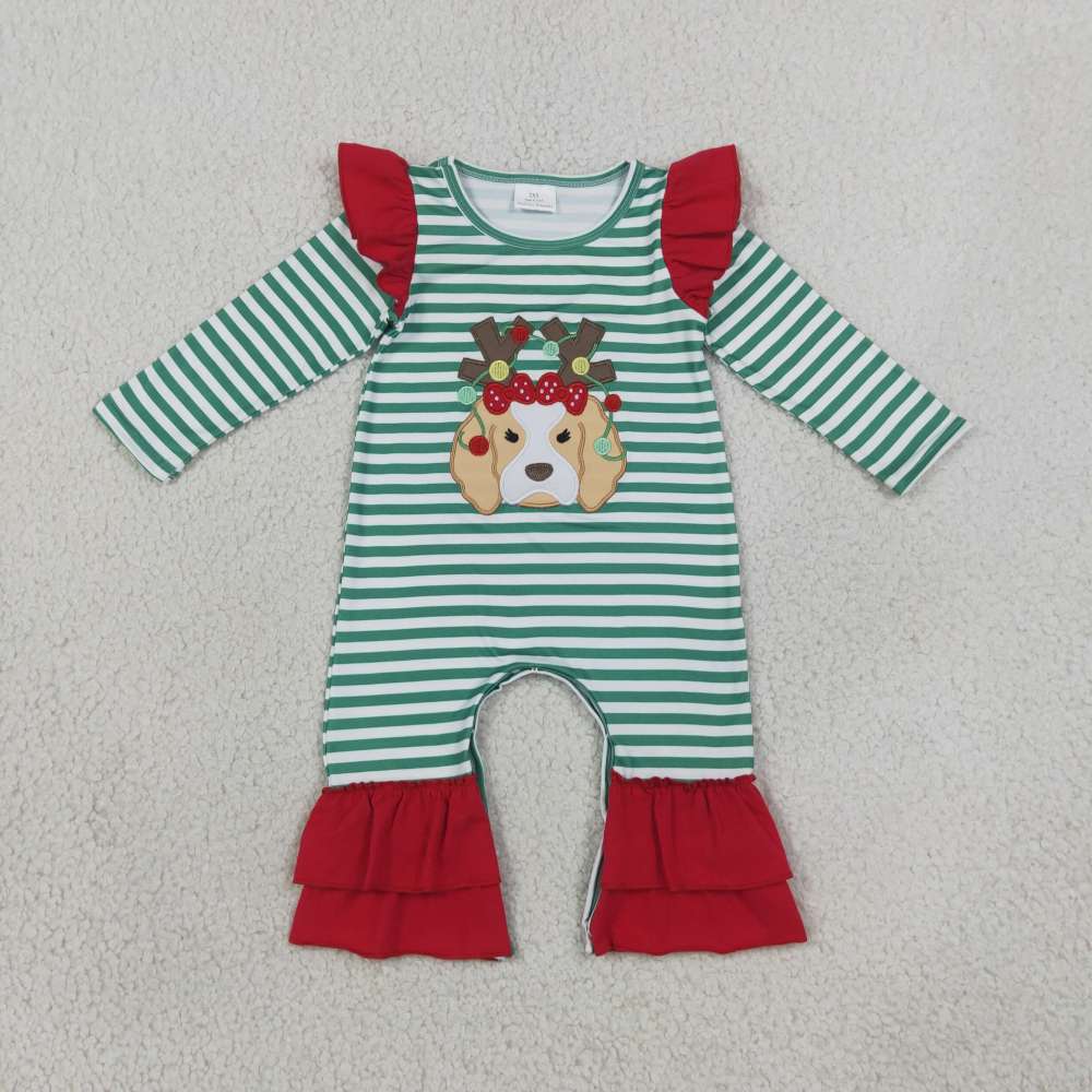 LR3145 Green stripe Christmas deer embroidery Long-Sleeved romper