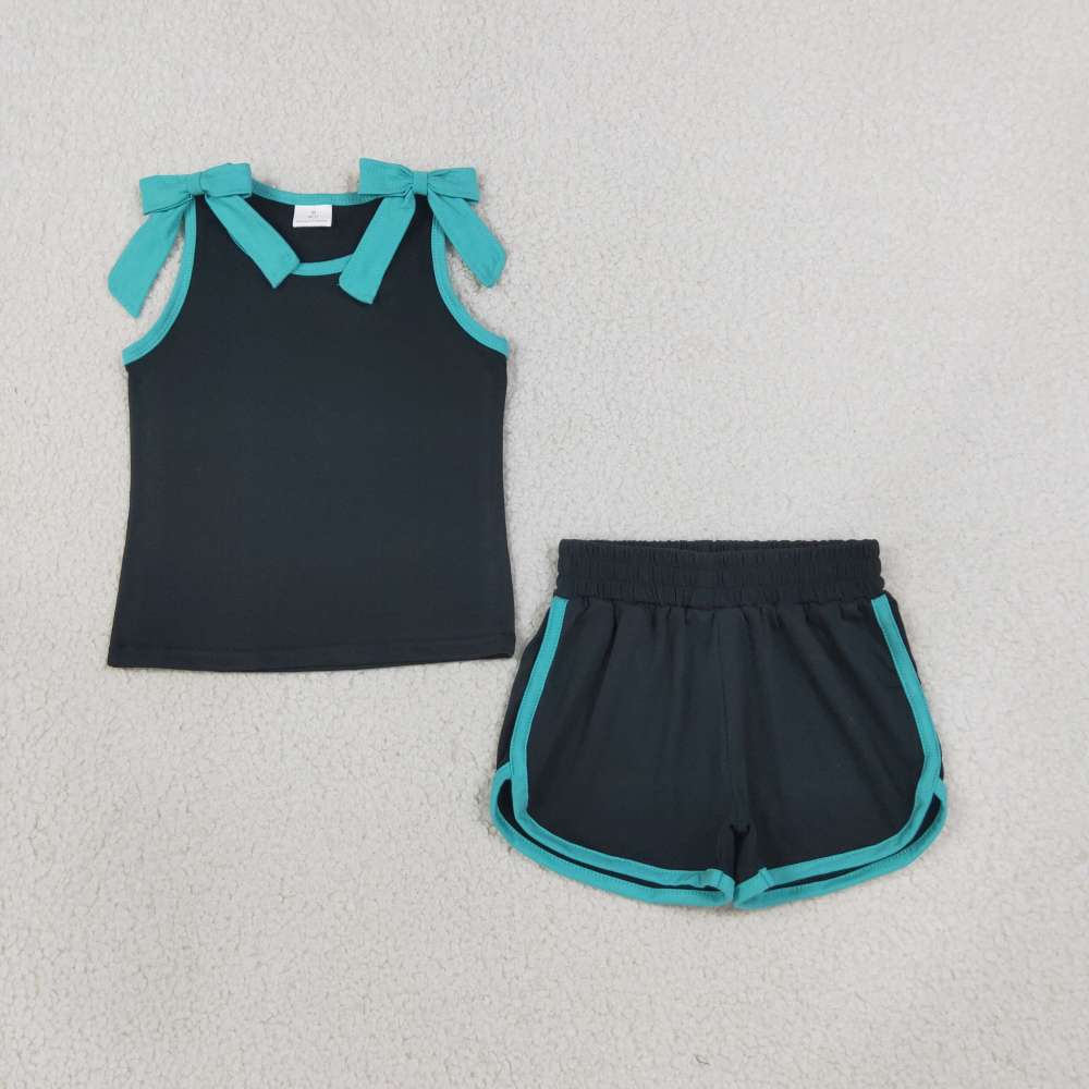 GSSO3856  RTS cyan blue black print active girl summer outfits