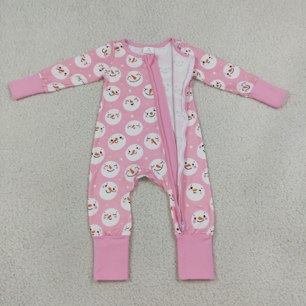 LR3165 Pink snowman print Long-Sleeved zipper romper