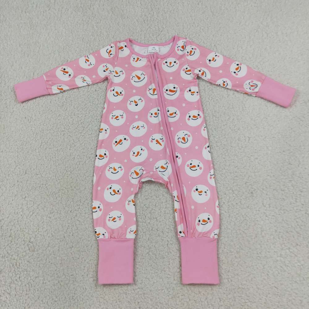 LR3165 Pink snowman print Long-Sleeved zipper romper