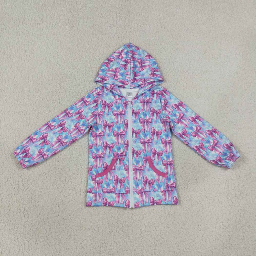 GT1660 hot pink bows print girl blue long sleeve hoodie zipper hoodie coat