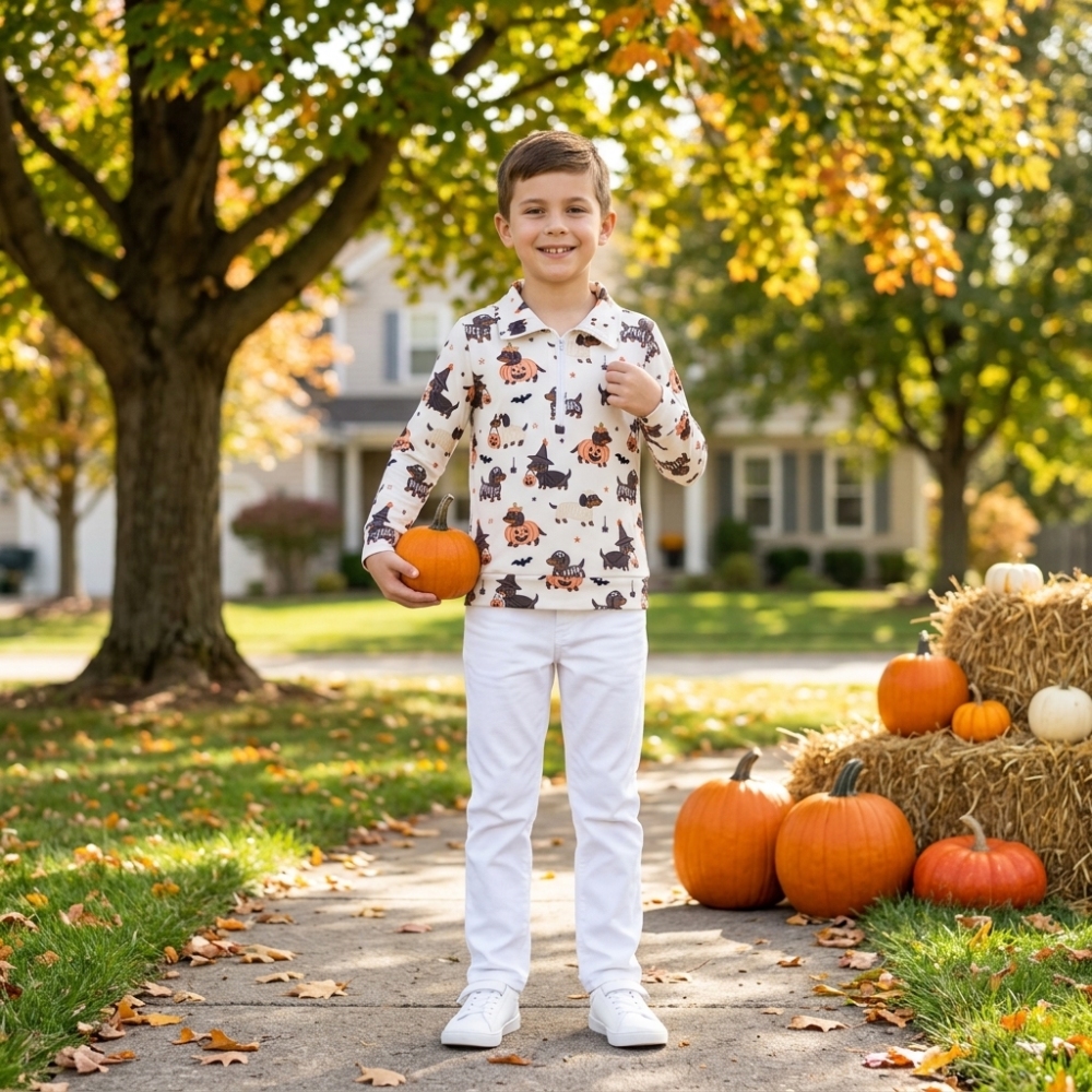 BT1896 Baby boy Pumpkin bat  fall Leaves Top long sleeve Halloween pullover